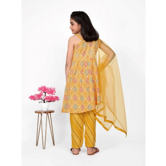 Generic Girl's Cotton Printed Kurti With Bottom Dupatta Set (Yellow)