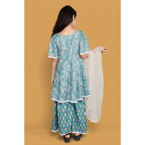 Generic Girl's Silk Blend Floral Prinded Shiffli Lace Top Sharara Dupatta Set (Teal)