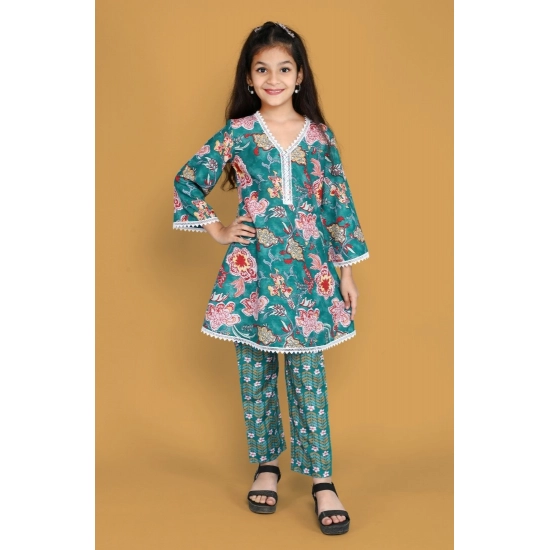 Generic Girl's Silk Blend Floral Prinded Shiffli Lace Salwar Kameez Dupatta Set (Teal)
