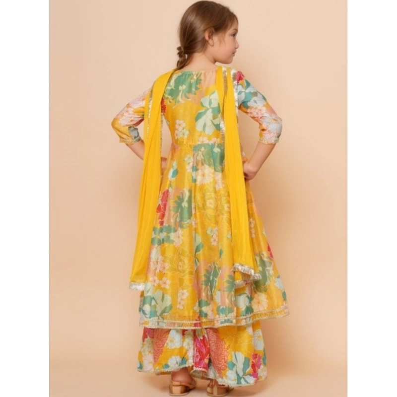 Girl's Rayon Printed Codding Lace Anarkali-Style Suit (Yellow)