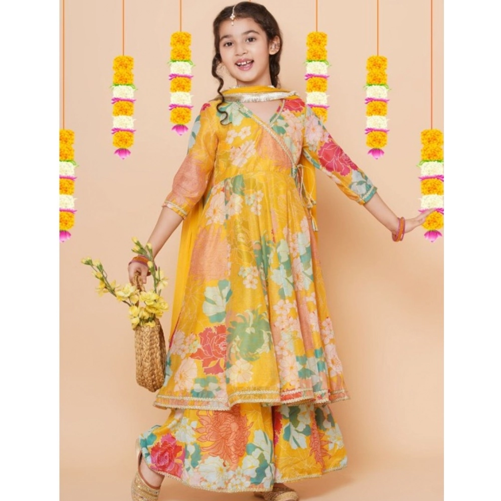 Generic Girl's Rayon Printed Codding Lace Anarkali-Style Suit (Yellow)