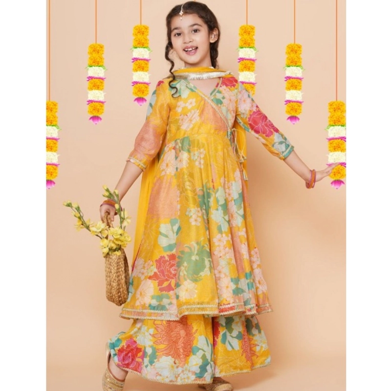 Girl's Rayon Printed Codding Lace Anarkali-Style Suit (Yellow)