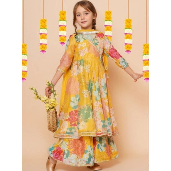 Generic Girl's Rayon Printed Codding Lace Anarkali-Style Suit (Yellow)