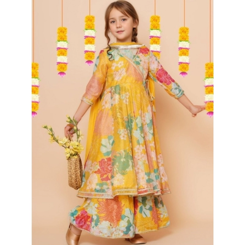 Girl's Rayon Printed Codding Lace Anarkali-Style Suit (Yellow)