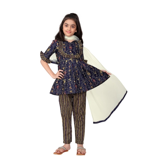 Generic Girl's Cotton Printed Kurti With Bottom Dupatta Set (Dark Blue)