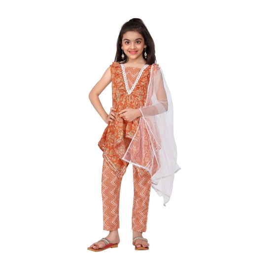 Generic Girl's Cotton Printed Kurti With Bottom Dupatta Set (Orange)