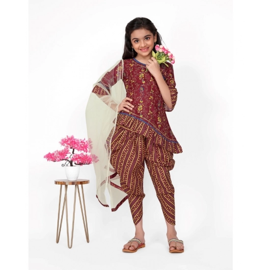 Generic Girl's Cotton Printed Kurtis With Dhoti Dupatta Set (Maroon)