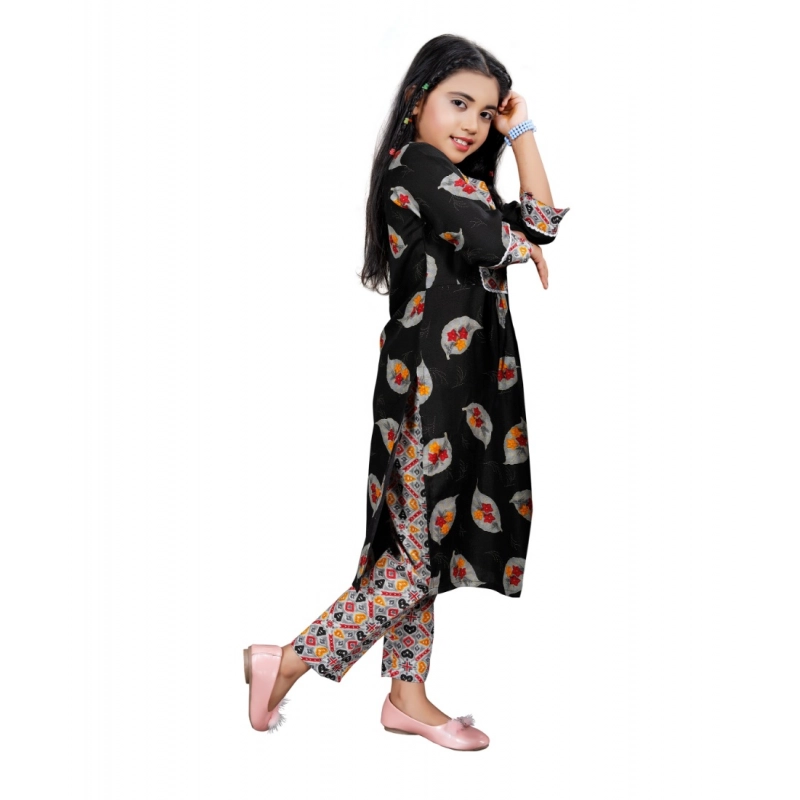 Girl's Reyon Printed Kurti And Pyjama Set (Black) Girl's Reyon Printed Kurti And Pyjama Set (Black)
