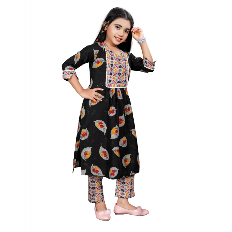 Girl's Reyon Printed Kurti And Pyjama Set (Black) Girl's Reyon Printed Kurti And Pyjama Set (Black)