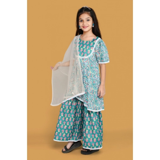 Generic Girl's Silk Blend Floral Prinded Shiffli Lace Top Sharara Dupatta Set (Teal)