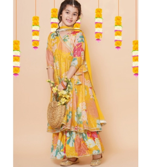 Generic Girl's Rayon Printed Codding Lace Anarkali-Style Suit (Yellow)