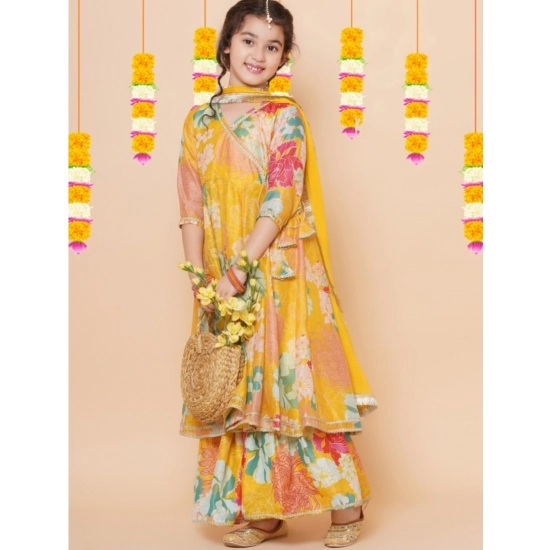 Generic Girl's Rayon Printed Codding Lace Anarkali-Style Suit (Yellow)