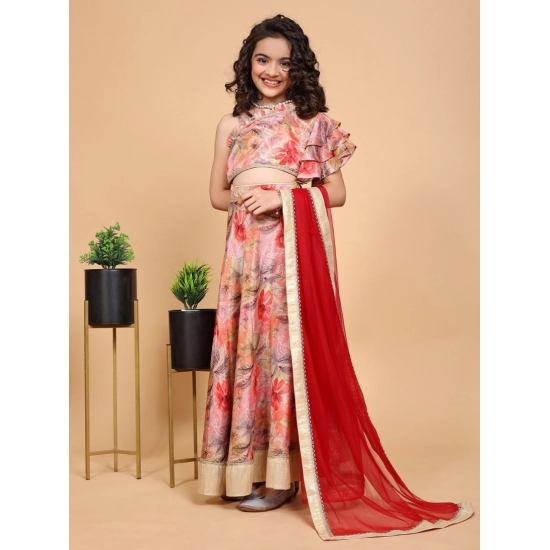 Generic Girl's Chiffon Printed Lehenga Choli Set (Peach)