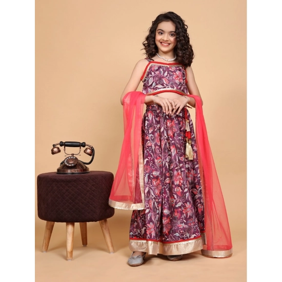 Generic Girl's Chiffon Printed Lehenga Choli Set (Maroon)