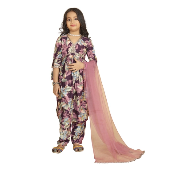 Generic Girl's Maslin Embrodrery Lace Aliya Cut Top With Bottom Dupatta Set (Purple) Generic Girl's Maslin Embrodrery Lace Aliya Cut Top With Bottom Dupatta Set (Purple)