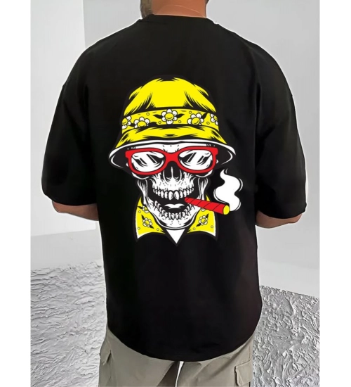 Generic Men's Casual Cotton Blend Printed Round Neck Half Sleeve T-Shirt (Black)
