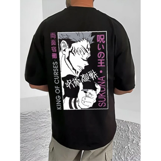 Generic Men's Casual Cotton Blend Printed Round Neck Half Sleeve T-Shirt (Black)