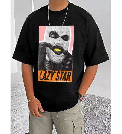 Generic Men's Casual Cotton Blend Printed Round Neck Half Sleeve T-Shirt (Black)