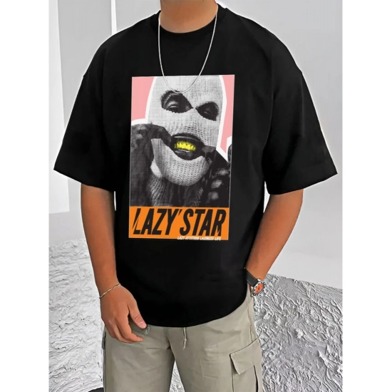 Generic Men's Casual Cotton Blend Printed Round Neck Half Sleeve T-Shirt (Black)
