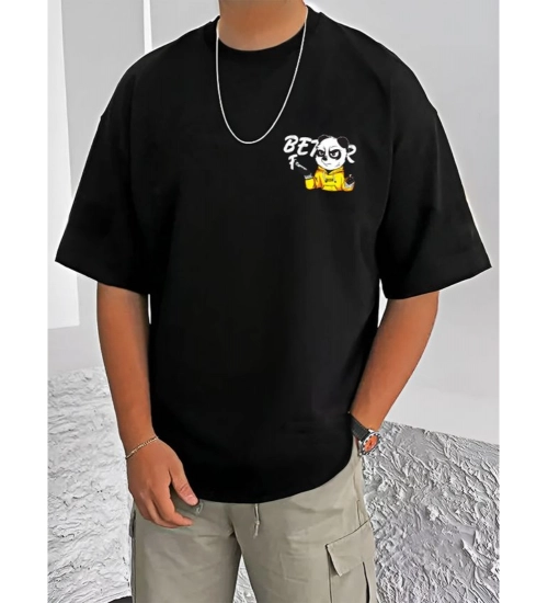 Generic Men's Casual Cotton Blend Printed Round Neck Half Sleeve T-Shirt (Black)