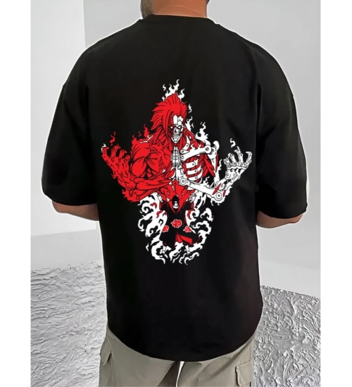 Generic Men's Casual Cotton Blend Printed Round Neck Half Sleeve T-Shirt (Black)