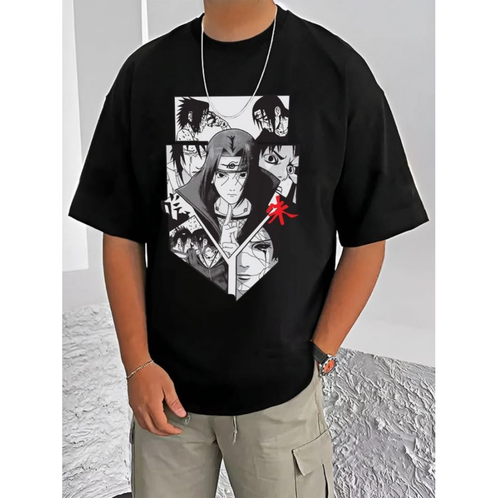 Generic Men's Casual Cotton Blend Printed Round Neck Half Sleeve T-Shirt (Black)
