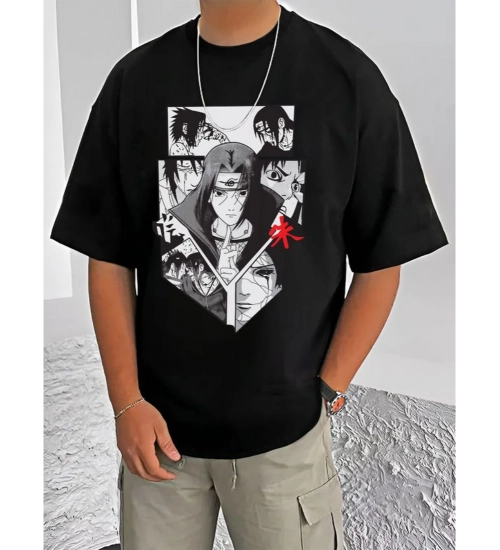 Generic Men's Casual Cotton Blend Printed Round Neck Half Sleeve T-Shirt (Black)