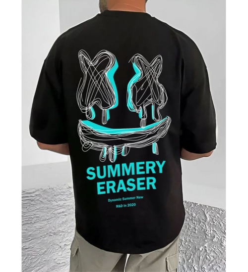 Generic Men's Casual Cotton Blend Printed Round Neck Half Sleeve T-Shirt (Black)