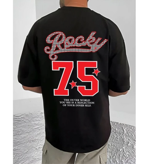 Generic Men's Casual Cotton Blend Printed Round Neck Half Sleeve T-Shirt (Black)