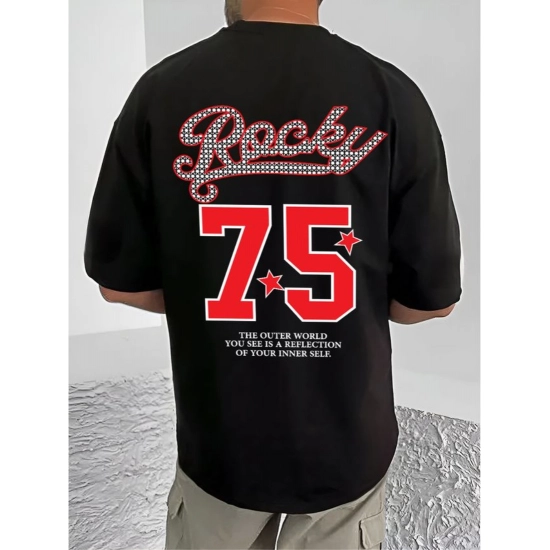Generic Men's Casual Cotton Blend Printed Round Neck Half Sleeve T-Shirt (Black)