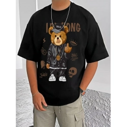 Generic Men's Casual Cotton Blend Printed Round Neck Half Sleeve T-Shirt (Black)