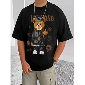 Generic Men's Casual Cotton Blend Printed Round Neck Half Sleeve T-Shirt (Black)