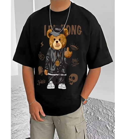 Generic Men's Casual Cotton Blend Printed Round Neck Half Sleeve T-Shirt (Black)