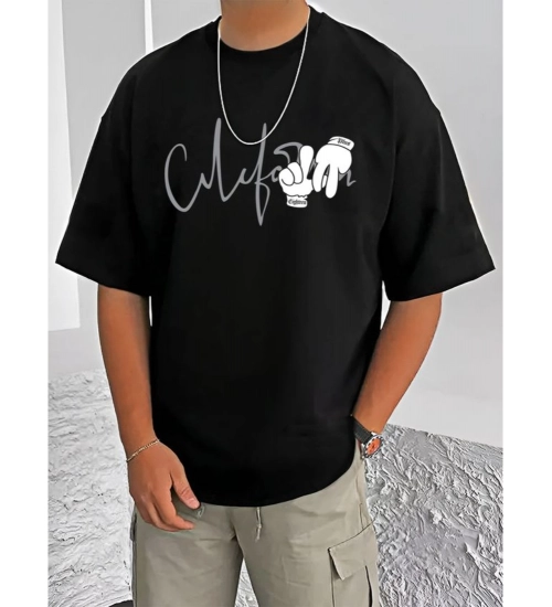 Generic Men's Casual Cotton Blend Printed Round Neck Half Sleeve T-Shirt (Black)