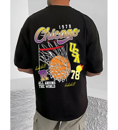 Generic Men's Casual Cotton Blend Printed Round Neck Half Sleeve T-Shirt (Black)