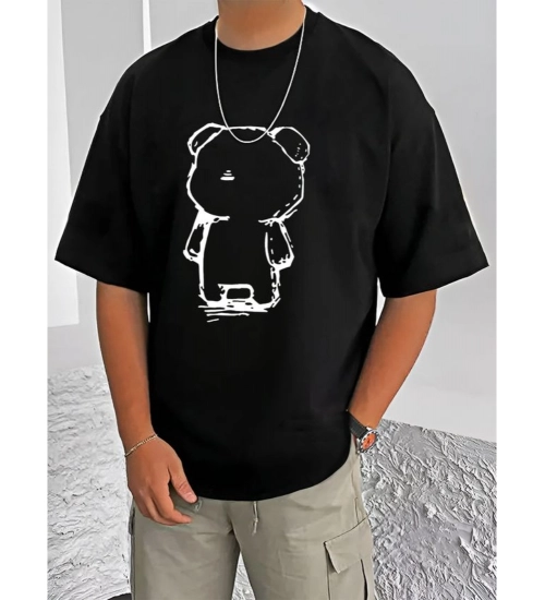 Generic Men's Casual Cotton Blend Printed Round Neck Half Sleeve T-Shirt (Black)