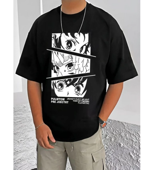 Generic Men's Casual Cotton Blend Printed Round Neck Half Sleeve T-Shirt (Black)