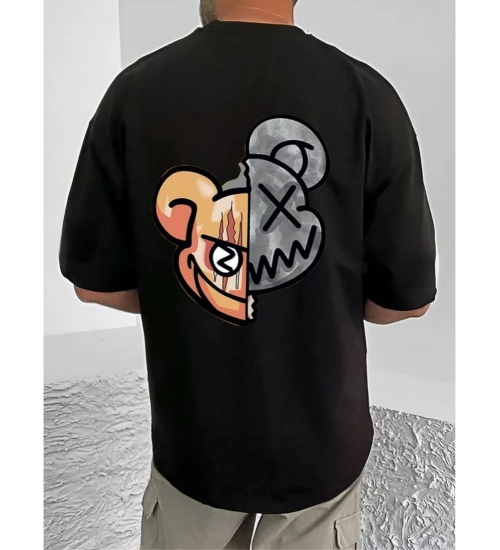 Generic Men's Casual Cotton Blend Printed Round Neck Half Sleeve T-Shirt (Black)