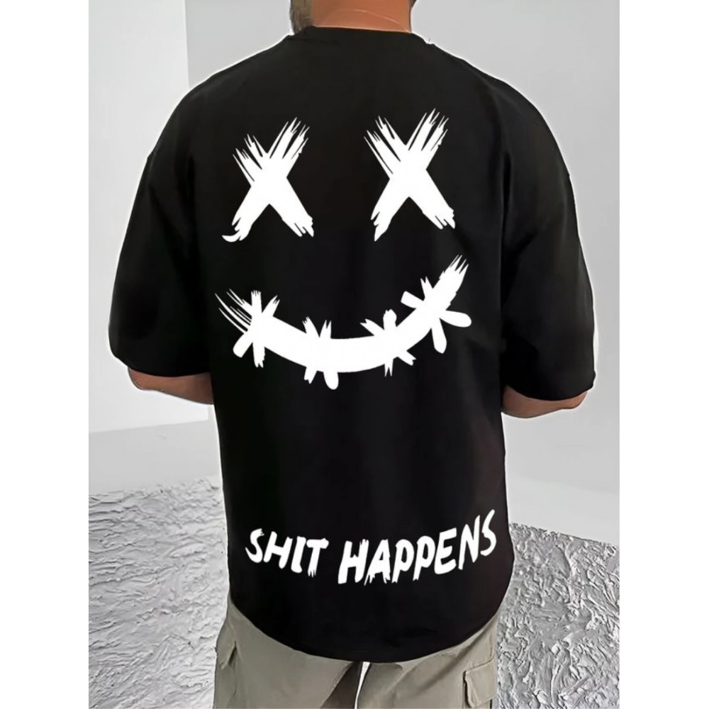 Generic Men's Casual Cotton Blend Printed Round Neck Half Sleeve T-Shirt (Black)