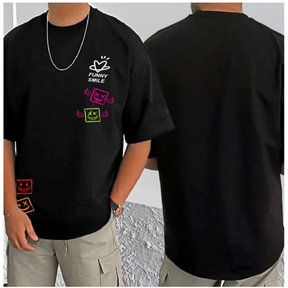 Generic Men's Casual Cotton Blend Printed Round Neck Half Sleeve T-Shirt (Black)