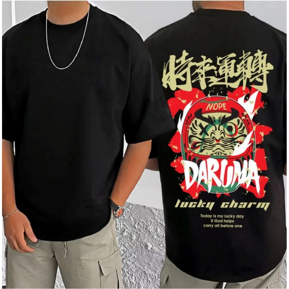 Generic Men's Casual Cotton Blend Printed Round Neck Half Sleeve T-Shirt (Black)