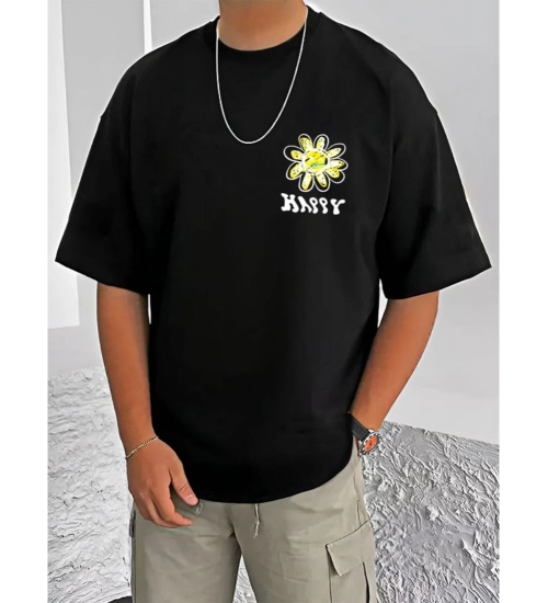 Generic Men's Casual Cotton Blend Printed Round Neck Half Sleeve T-Shirt (Black)