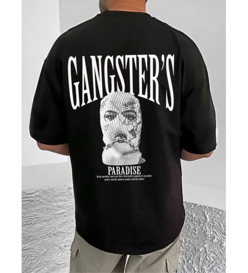 Generic Men's Casual Cotton Blend Printed Round Neck Half Sleeve T-Shirt (Black)