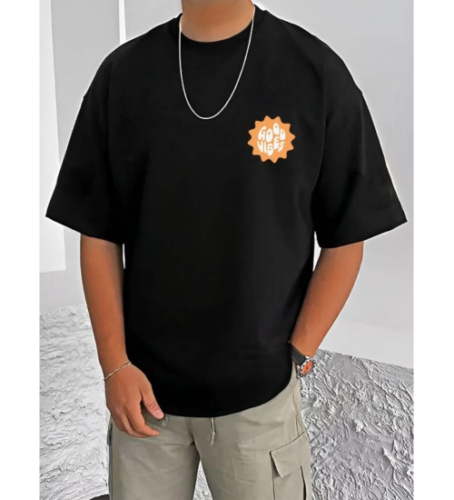 Generic Men's Casual Cotton Blend Printed Round Neck Half Sleeve T-Shirt (Black)