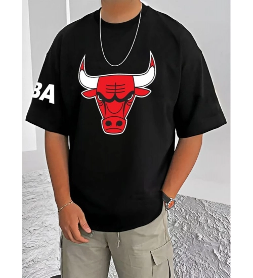 Generic Men's Casual Cotton Blend Printed Round Neck Half Sleeve T-Shirt (Black)