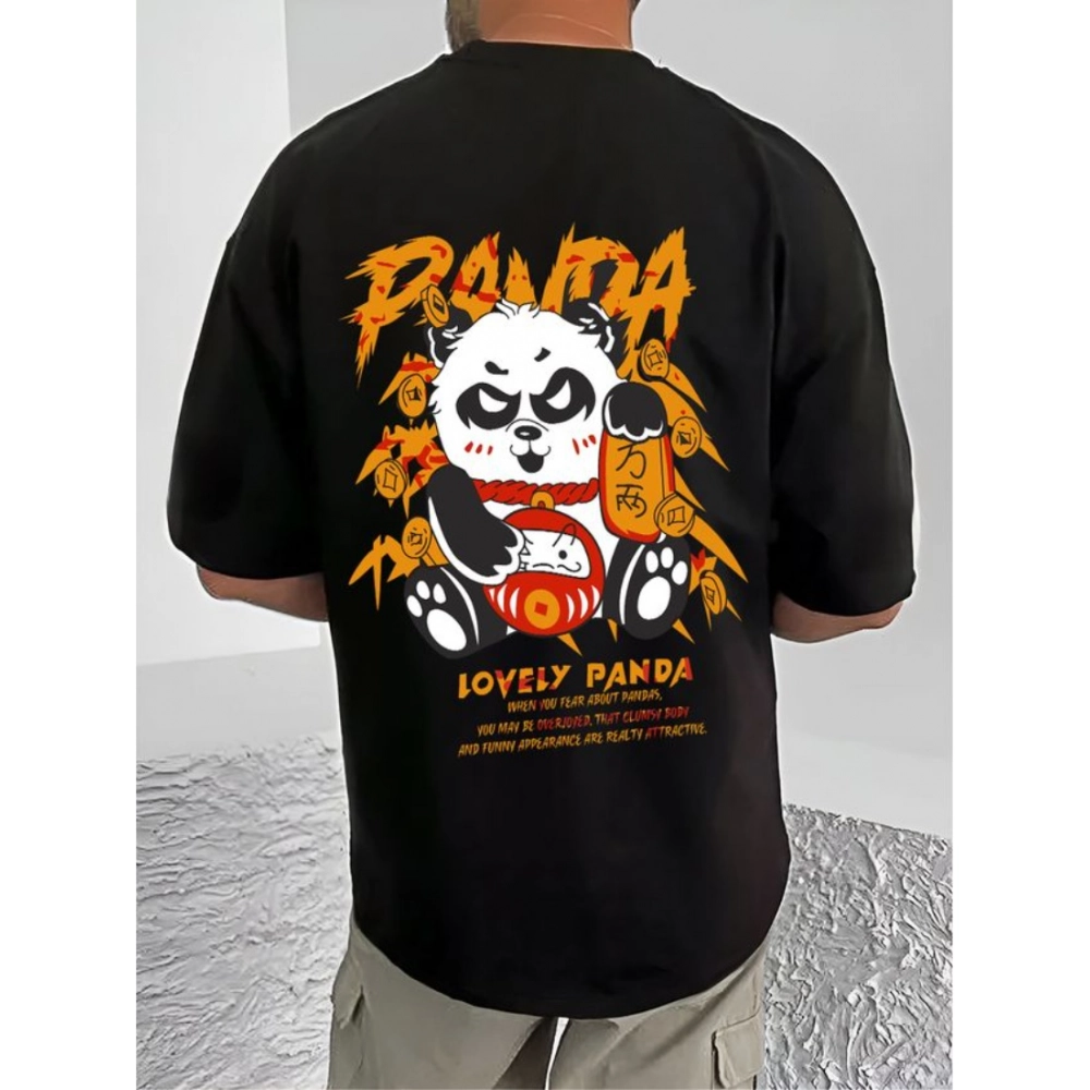 Generic Men's Casual Cotton Blend Printed Round Neck Half Sleeve T-Shirt (Black)