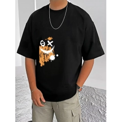 Generic Men's Casual Cotton Blend Printed Round Neck Half Sleeve T-Shirt (Black)