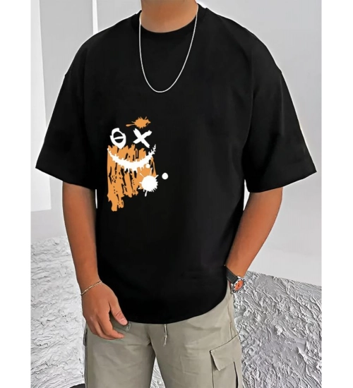 Generic Men's Casual Cotton Blend Printed Round Neck Half Sleeve T-Shirt (Black)