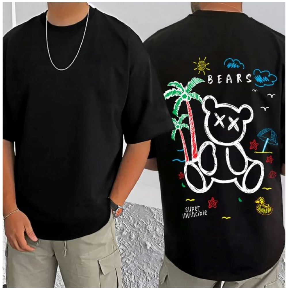 Generic Men's Casual Cotton Blend Printed Round Neck Half Sleeve T-Shirt (Black)