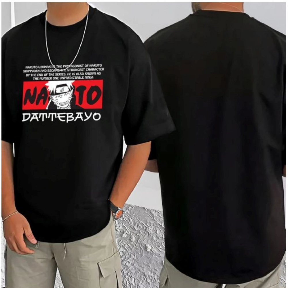 Generic Men's Casual Cotton Blend Printed Round Neck Half Sleeve T-Shirt (Black)